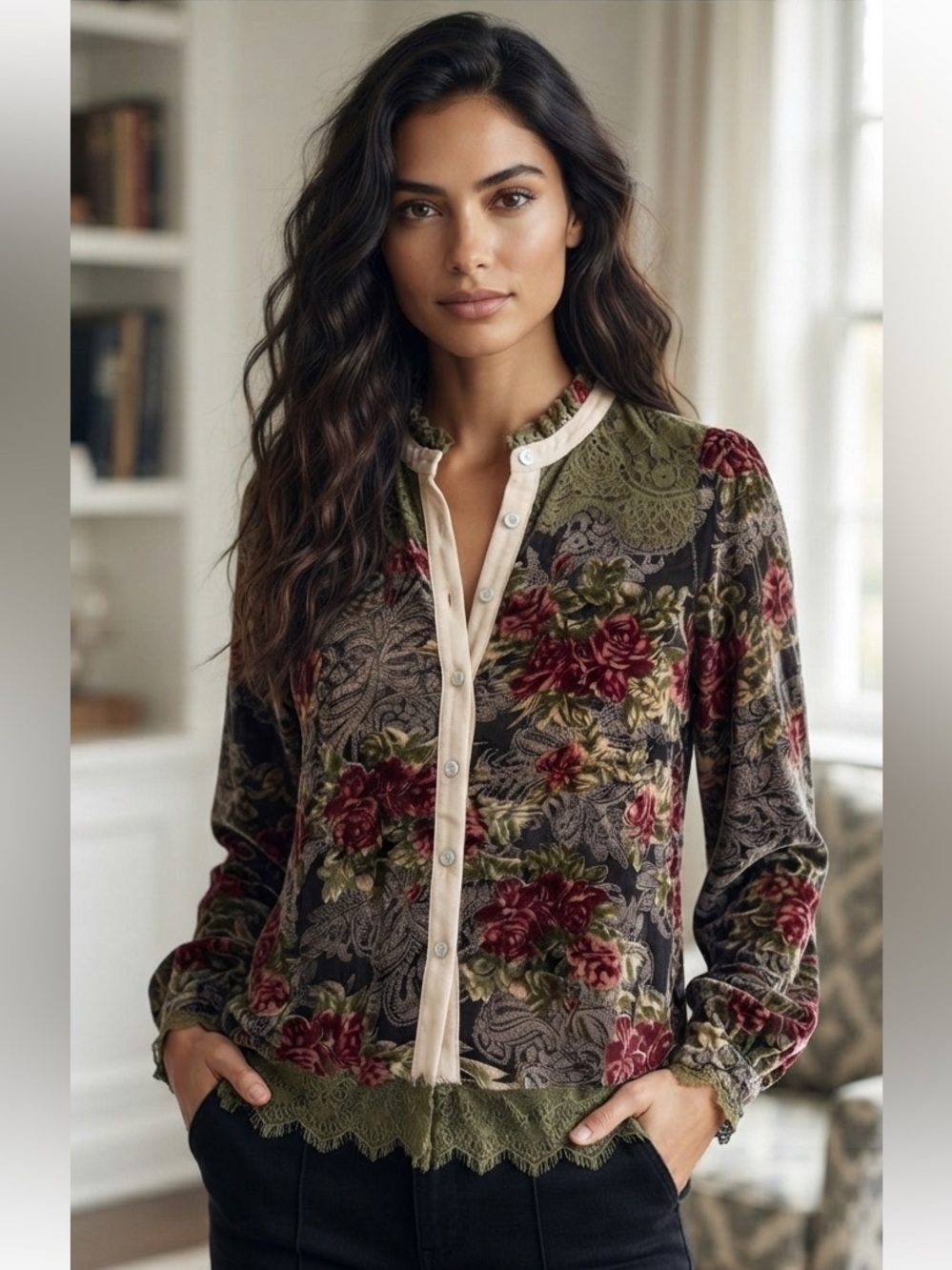 POL Burnout Rose Floral Blouse Size S